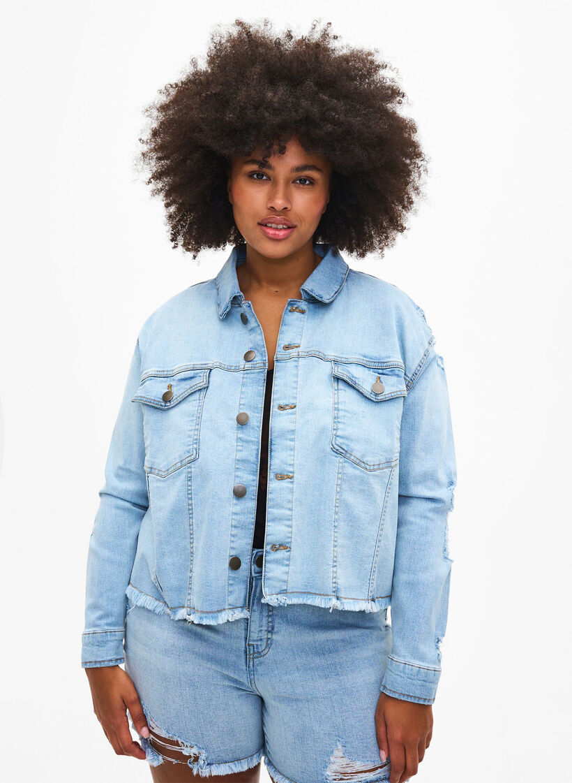 Kort denimjakke med sliddetaljer, Light Blue Denim, Model image number 0