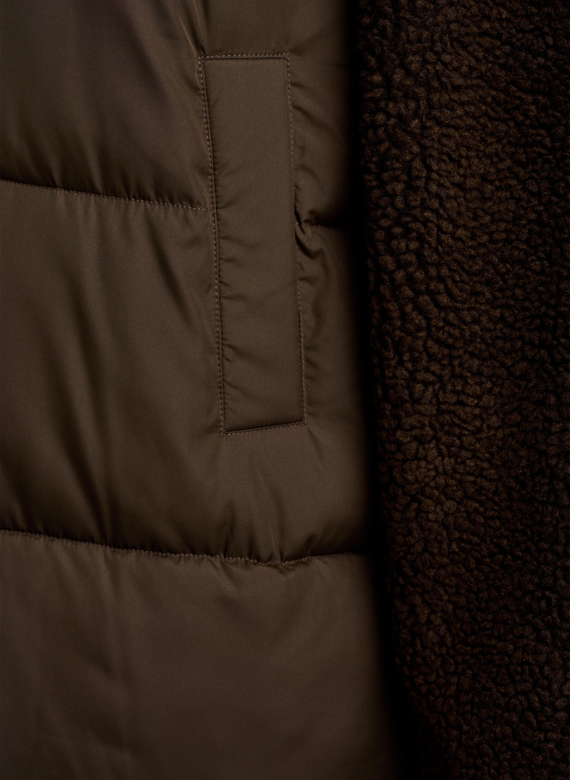ZizziMellemlang pufferjakke med teddyfleece, Brun, Packshot image number 3