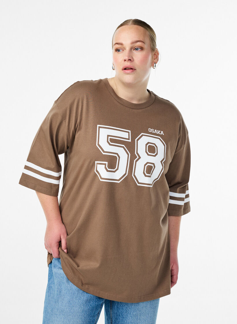 Oversize college t-shirt med 3/4 ærmer, Brun, Model image number 0