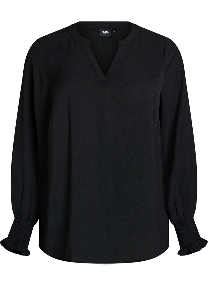 Bluse med smock manchetter og V-udsk&aelig;ring, Sort, Packshot image number 0