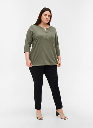 Bomulds bluse med 3/4 ærmer, Agave Green, Model image number 2