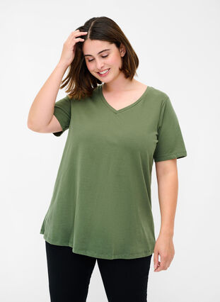 Basis t-shirt med v-hals, Thyme, Model image number 0