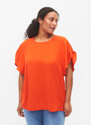 Kortærmet bluse med rynker, Orange.com, Model image number 0