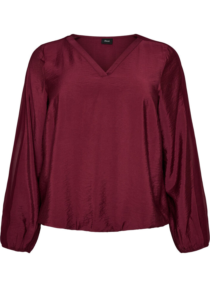 Bluse med balloneffekt og chiffondetaljer, R&oslash;d, Packshot image number 0