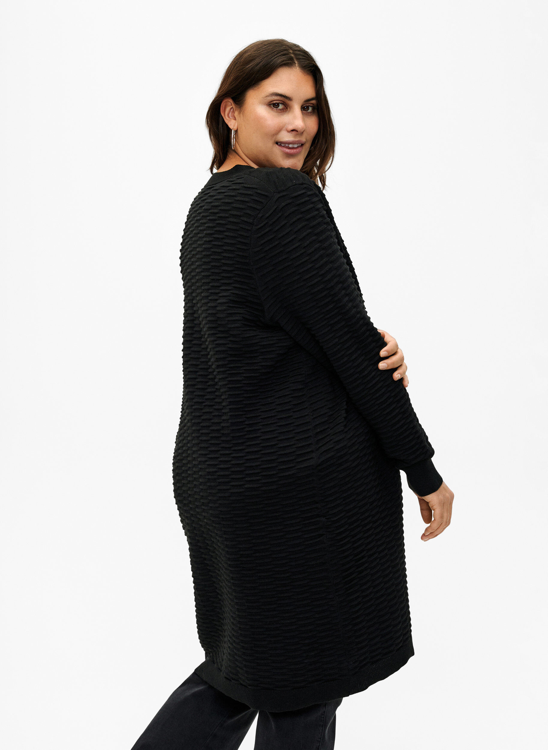 Zizzi Strikket cardigan i bomulds-viskose mix, Black, Model image number 1