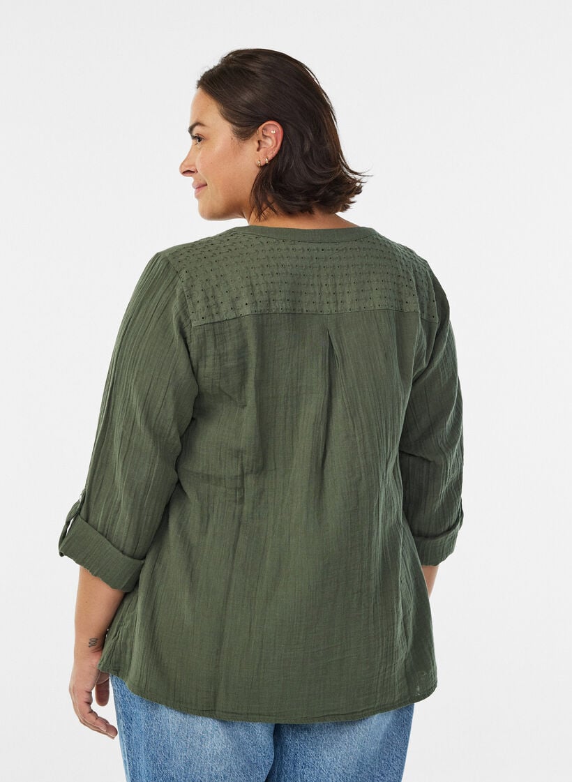 Bluse i bomuldsmusselin med broderi anglaise, Gr&oslash;n, Model image number 2