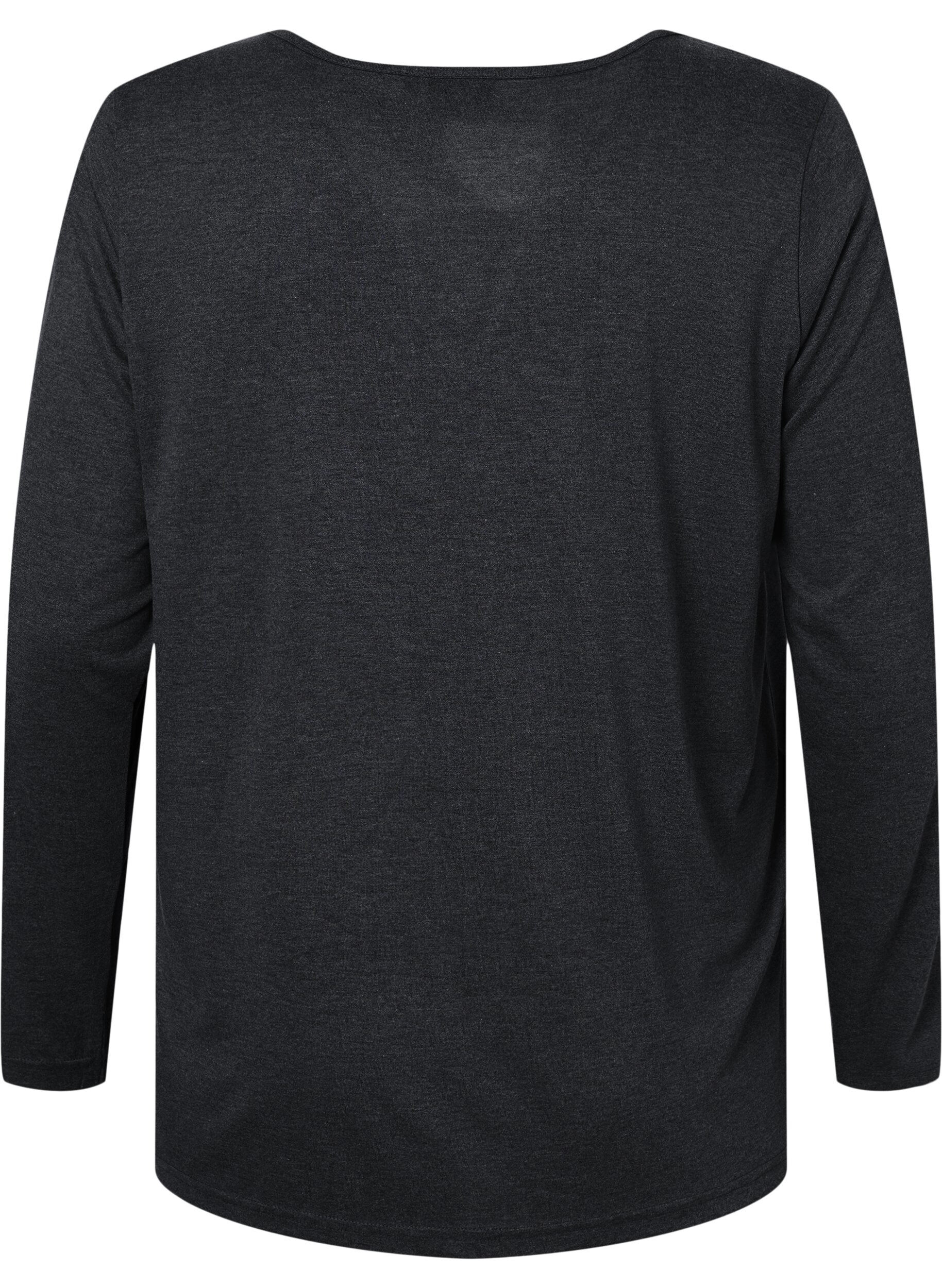 Zizzi Meleret bluse med lange &aelig;rmer, Black Mel. , Packshot image number 1