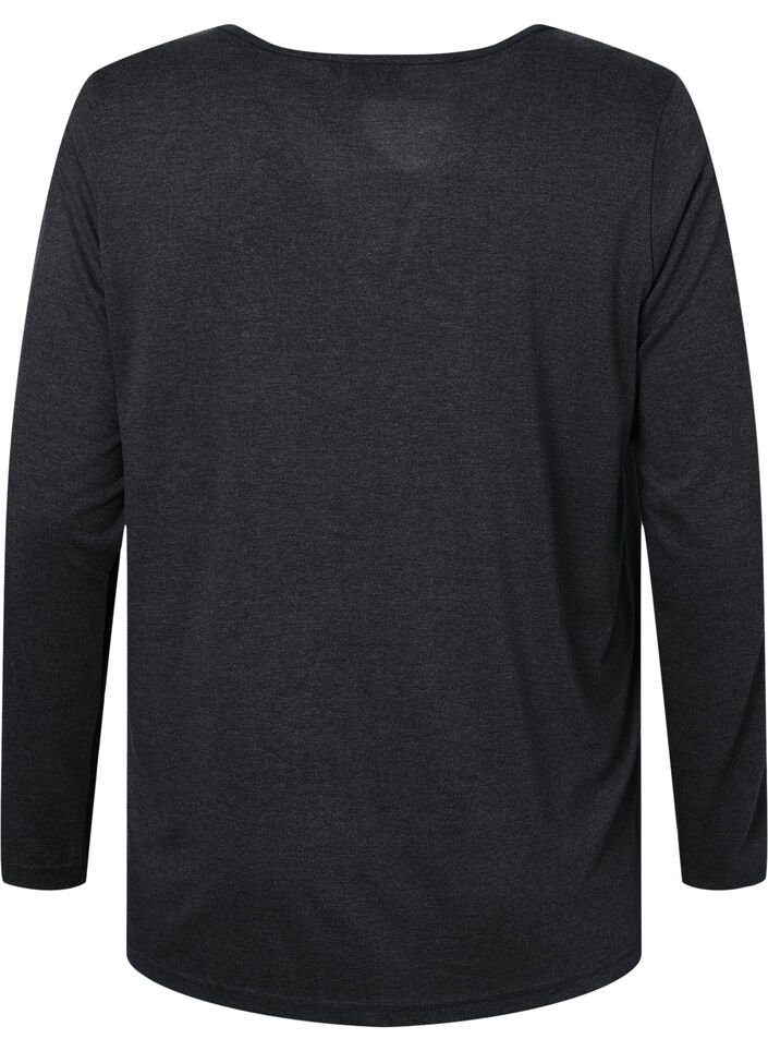 Meleret bluse med lange &aelig;rmer, Black Mel. , Packshot image number 1