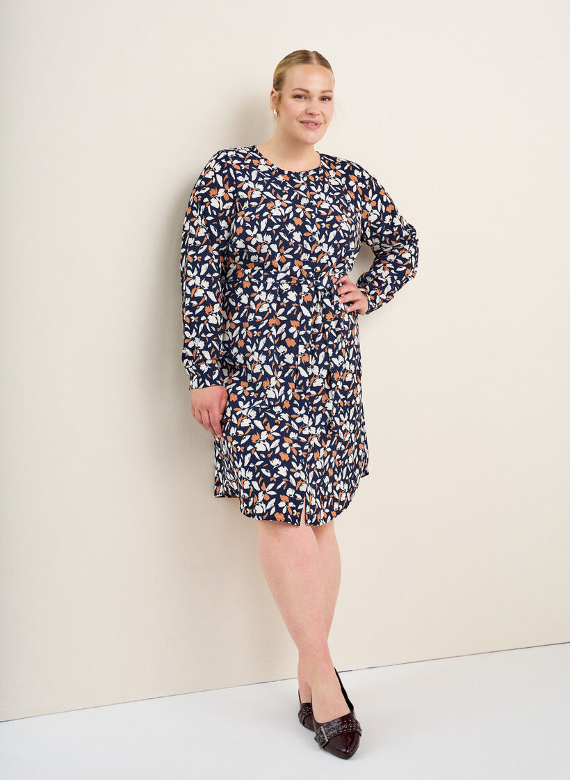 Langærmet skjortekjole med bindebånd, Blå, Image image number 0