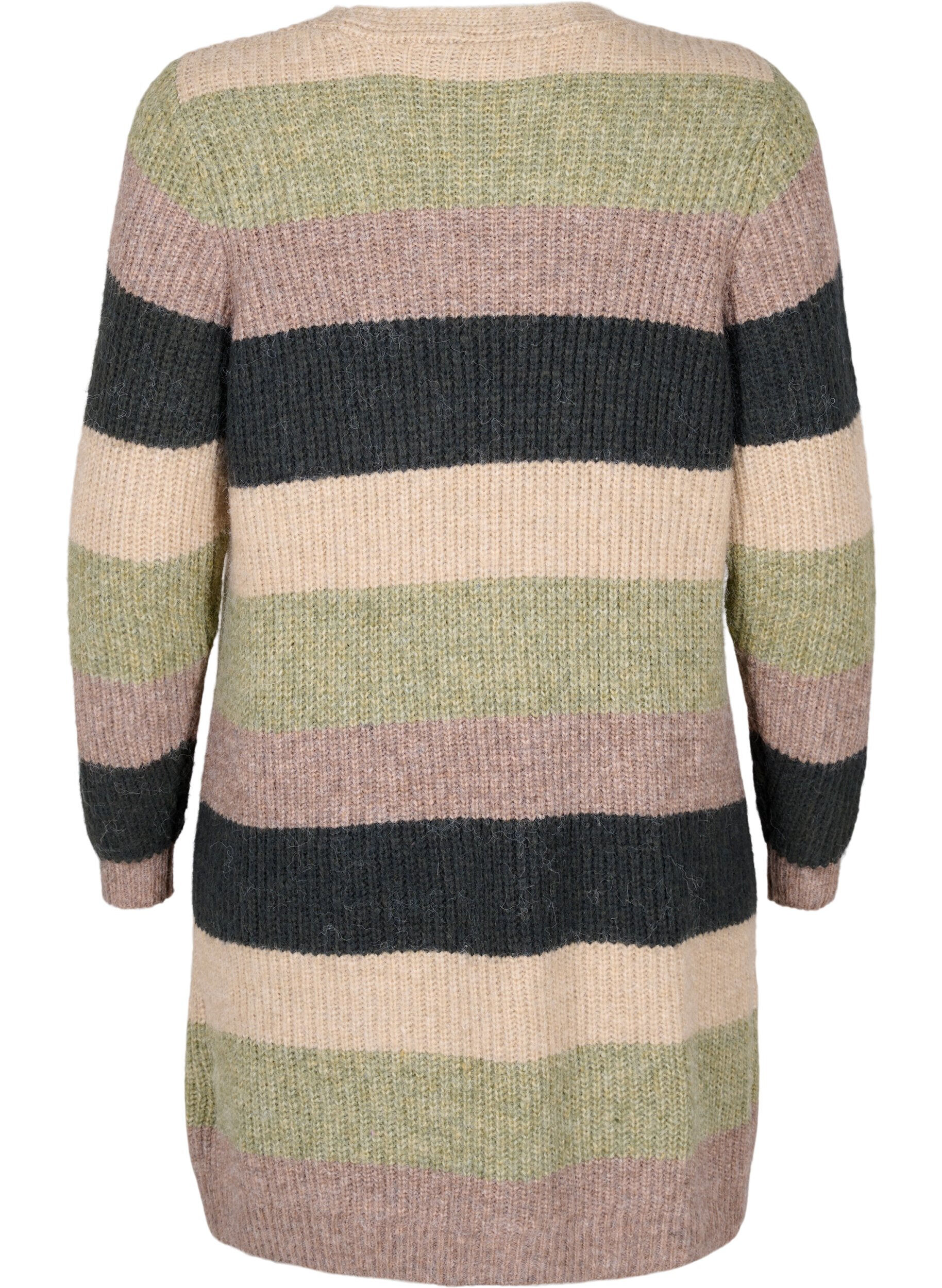 Zizzi Lang ribstrikket cardigan med striber, Forest Night Comb, Packshot image number 1