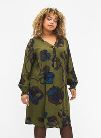 Printet kjole i viskose, Green Big Flower, Model