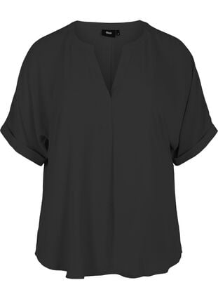 Kortærmet bluse med v-udskæring, Black, Packshot image number 0