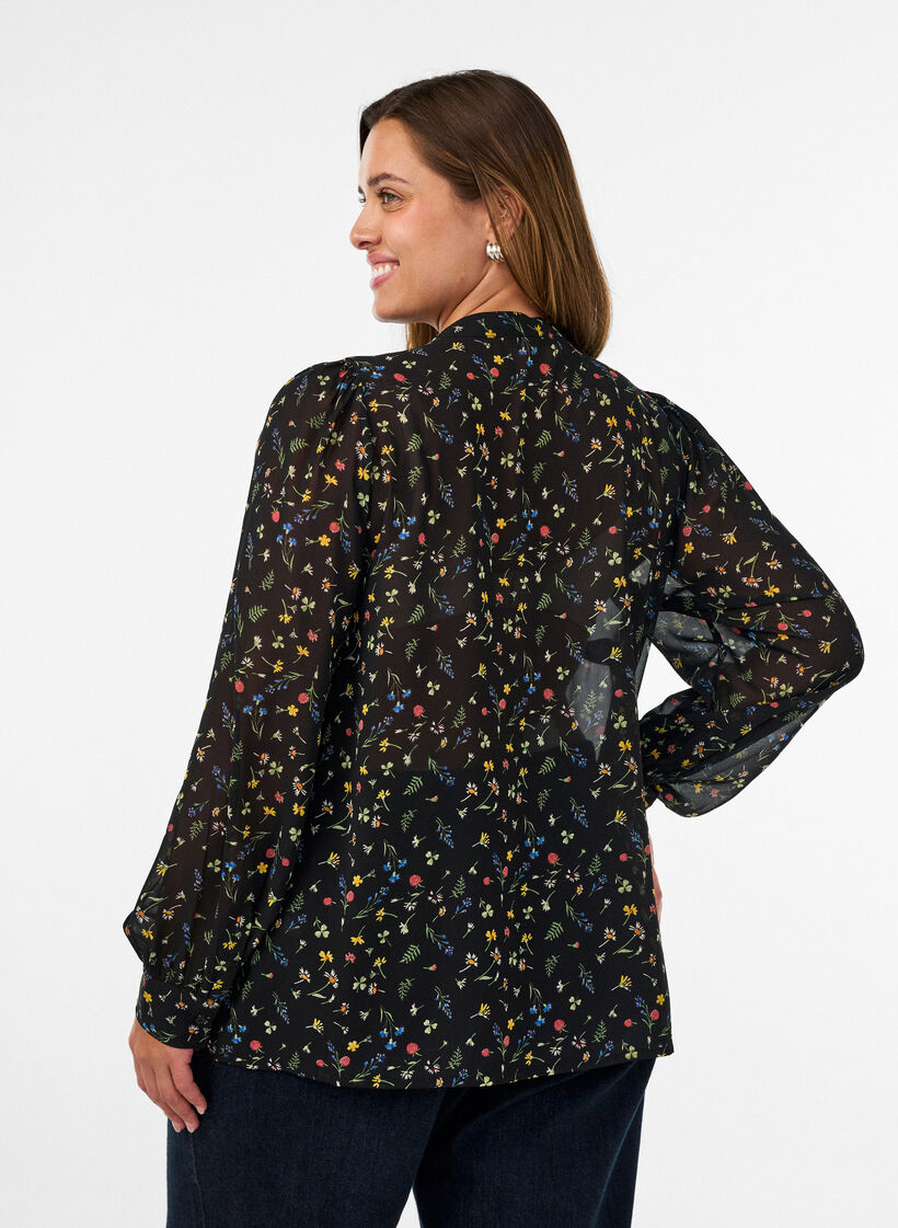 Bluse med all-over print og kort knapstolpe, Sort, Model image number 2