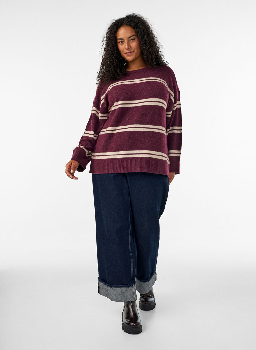 Strikbluse med dobbelte kontraststriber, R&oslash;d, Model image number 1