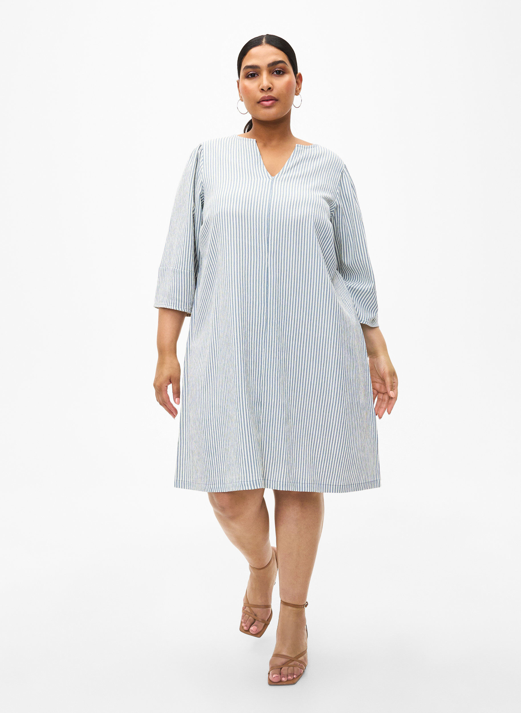 Zizzi Stribet kjole med 3/4 &aelig;rmer, Blue Stripe, Model image number 2