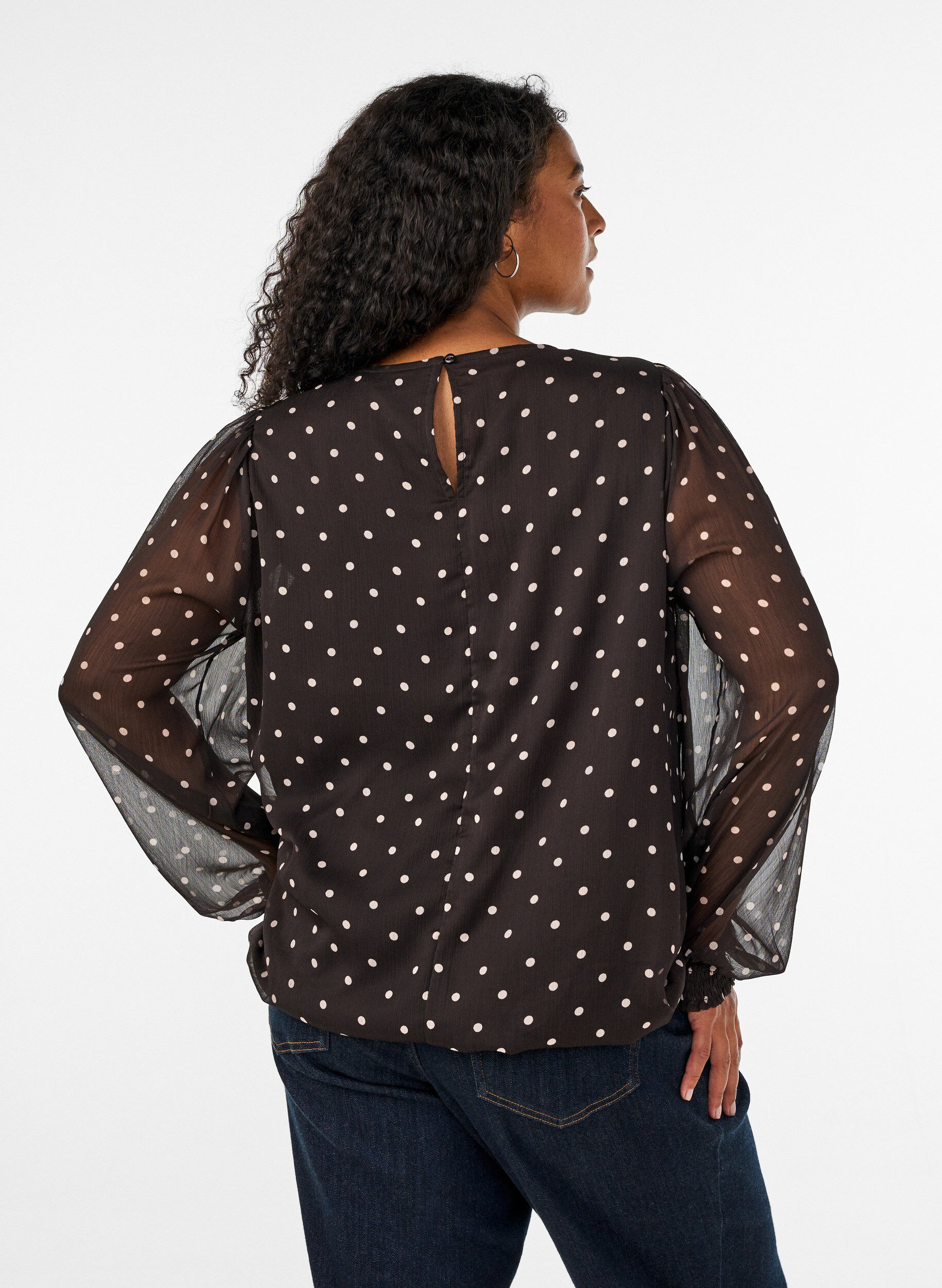 ZizziPrikket chiffonbluse med transparente &aelig;rmer, Brun, Model image number 2