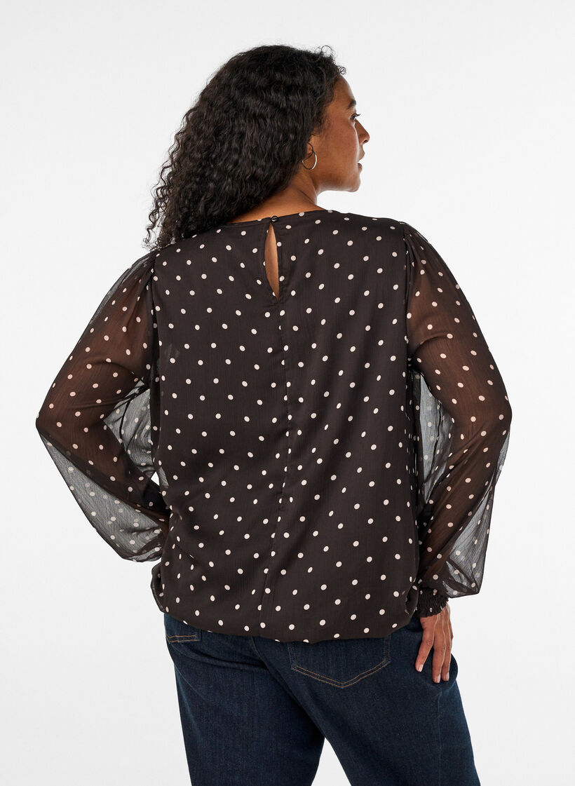 Prikket chiffonbluse med transparente &aelig;rmer, Brun, Model image number 2