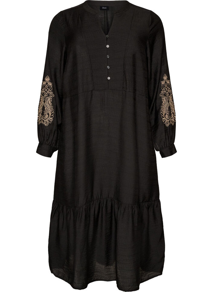 Viskosekjole med broderi og fl&aelig;selag, Sort, Packshot image number 0