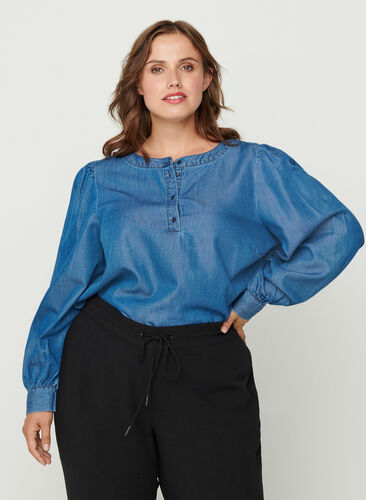Bluse med lange pufærmer og knapper, Blue denim, Model image number 0