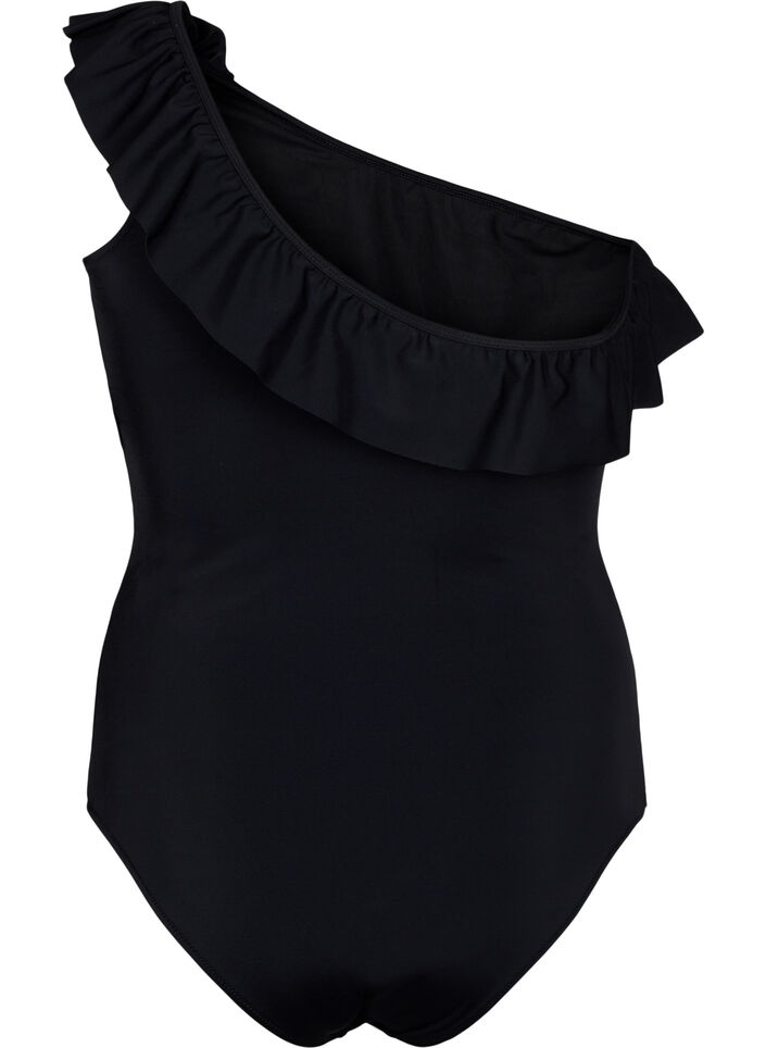 One-shoulder badedragt med flæse , Black, Packshot image number 1