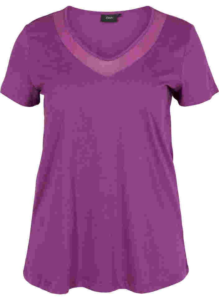 Kortærmet t-shirt med v-hals og mesh, Gloxinia, Packshot image number 0