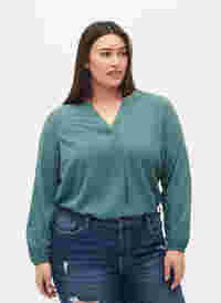 Ensfarvet bluse med v-hals, Mallard Green, Model