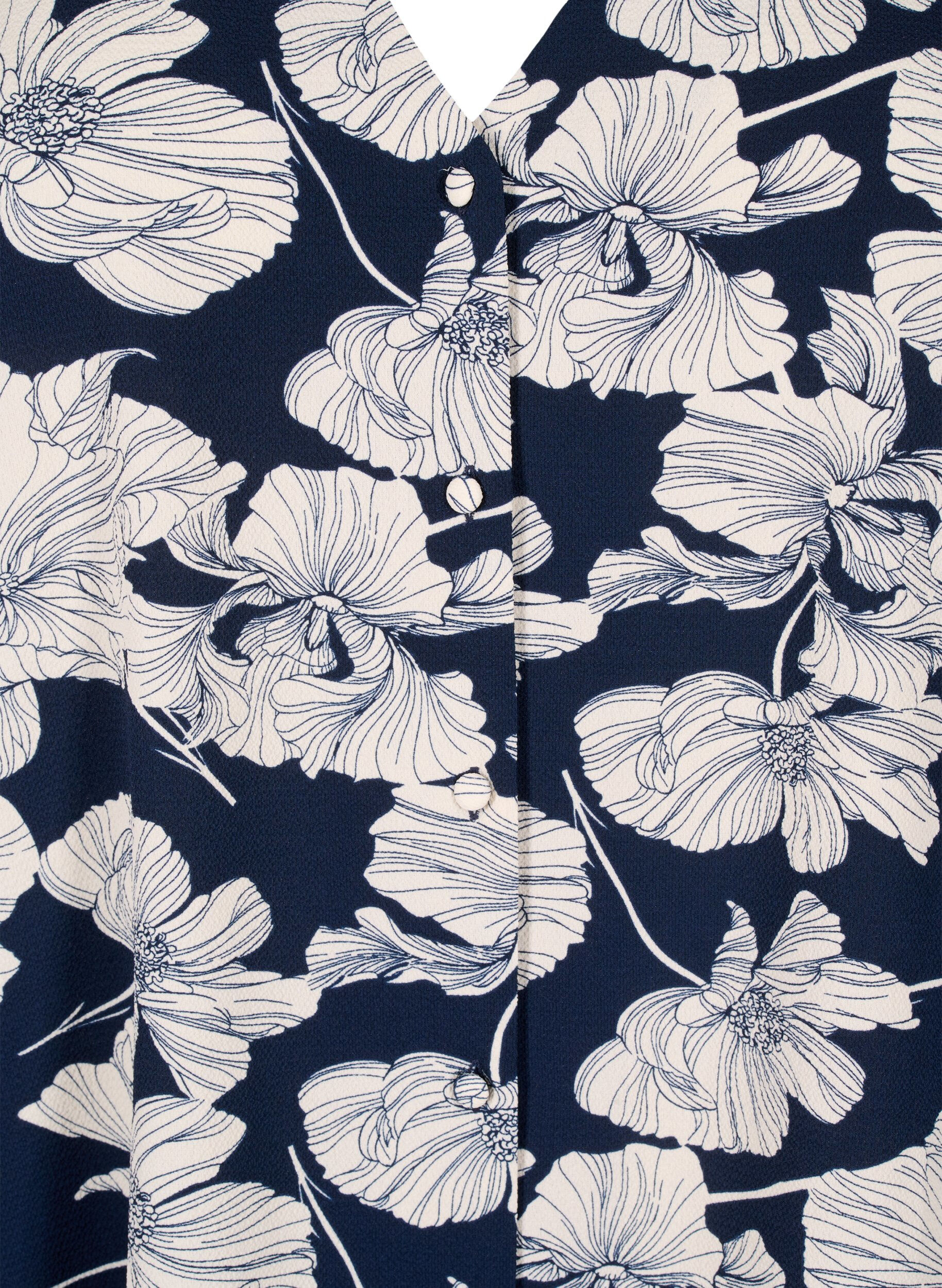 Zizzi Skjortebluse med v-hals og print, Navy B. Flower AOP, Packshot image number 2