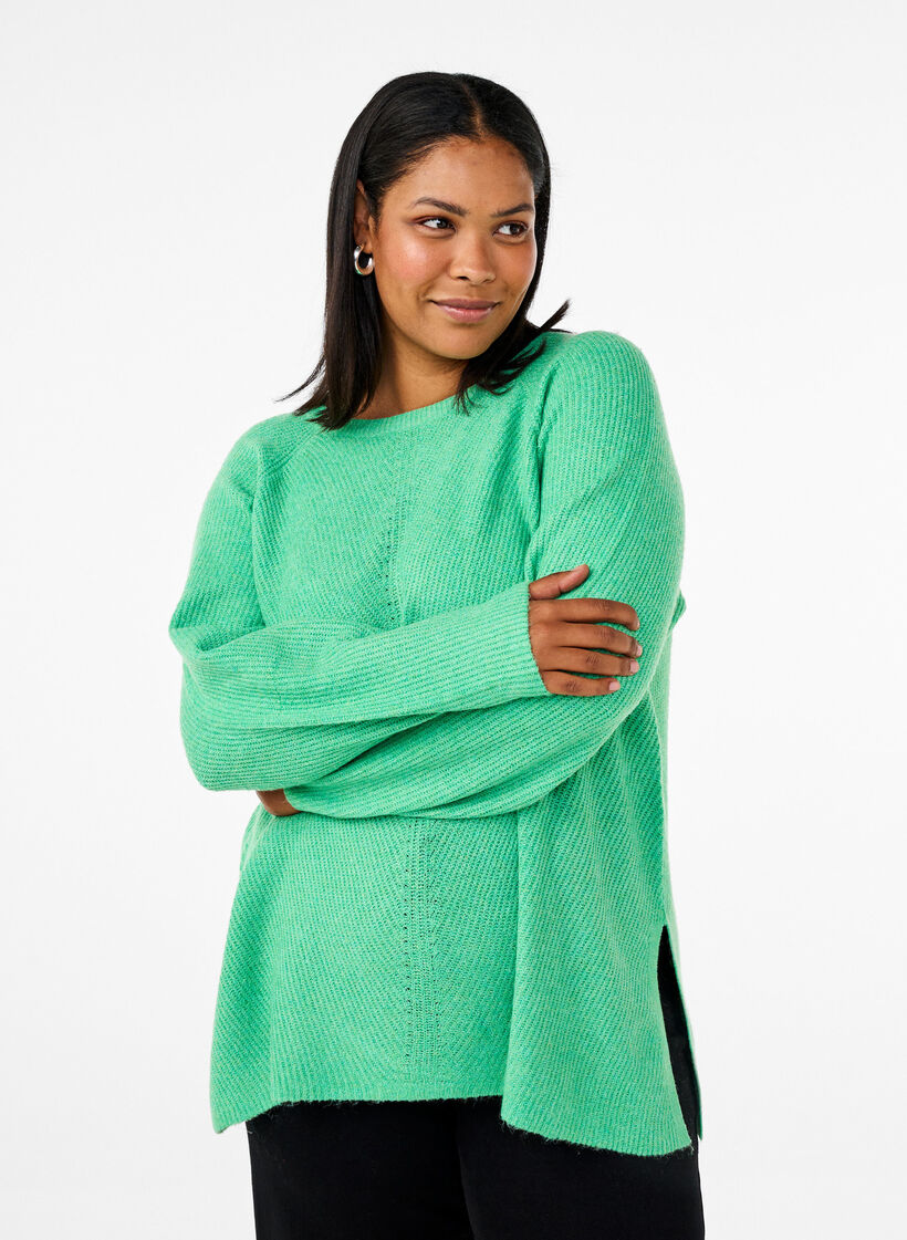 Strikbluse med rund hals, Light G. Green Mel., Model image number 0
