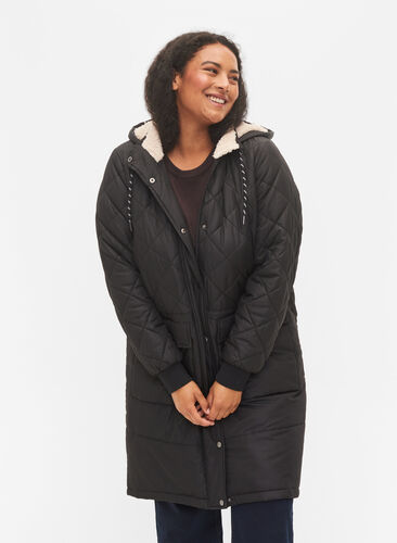 Quiltet jakke med hætte og justerbar talje, Black, Model image number 0