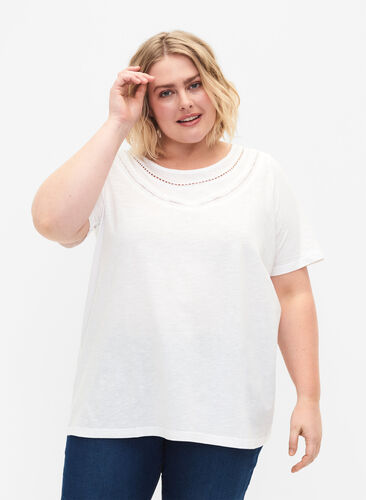 Bomulds t-shirt med blondebånd, Bright White, Model image number 0