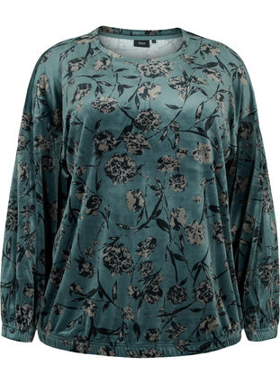 Blomstret velour bluse med lange ærmer, Green Gables AOP, Packshot image number 0