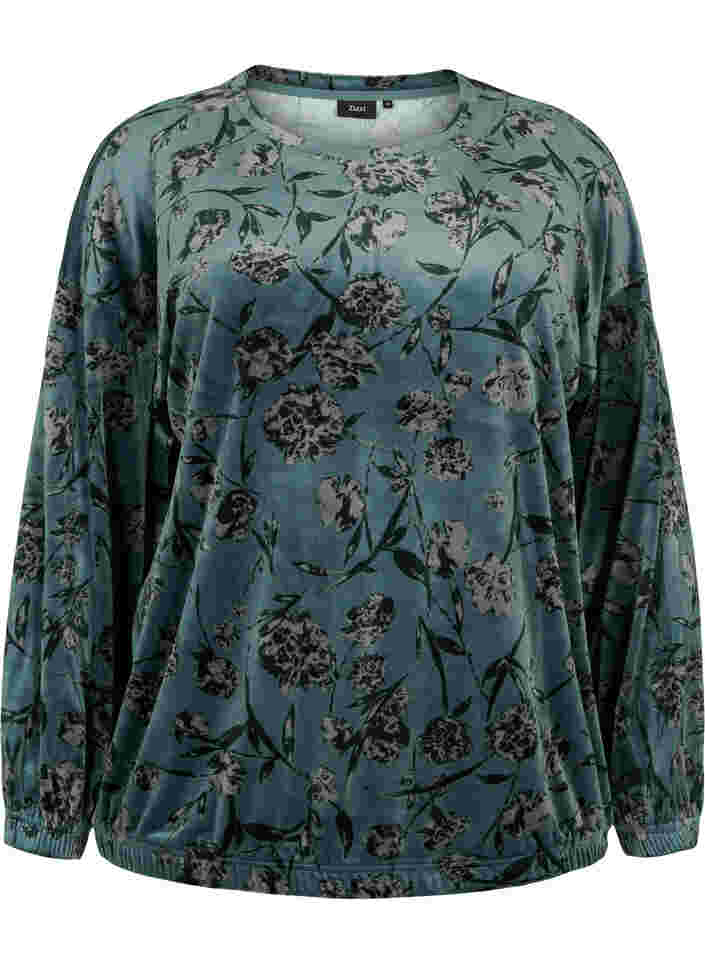 Blomstret velour bluse med lange ærmer, Green Gables AOP, Packshot image number 0