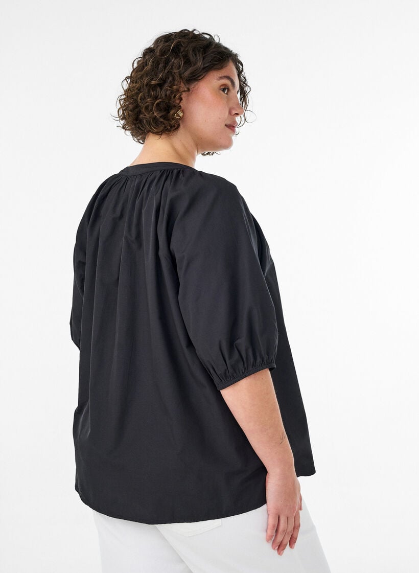 Skjortebluse med knaplukning og bindeb&aring;nd, Sort, Model image number 2
