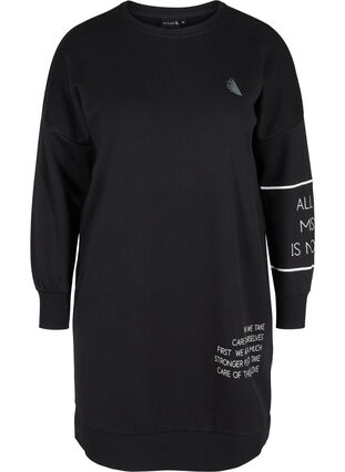 Langærmet sweatkjole med printdetaljer, Black, Packshot image number 0