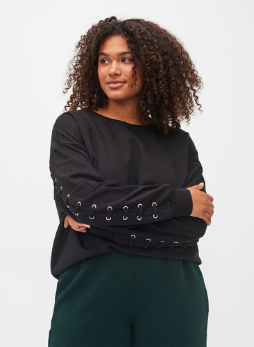 Bomulds sweatshirt med snøredetaljer, Black, Model image number 0