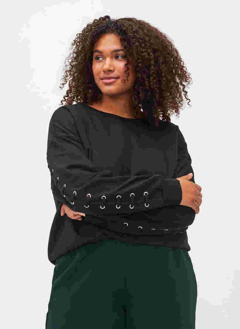 Bomulds sweatshirt med snøredetaljer, Black, Model image number 0