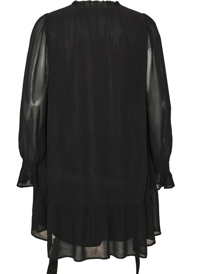 Viskosekjole med fl&aelig;ser og transparente &aelig;rmer, Sort, Packshot image number 1