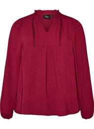 Bluse med V-udsk&aelig;ring og crochetb&aring;nd, R&oslash;d