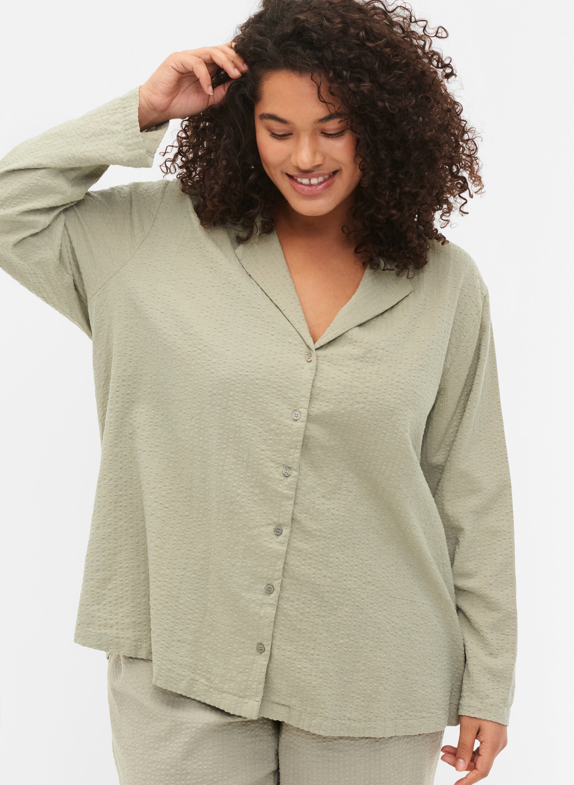 Zizzi Bomuldsskjorte med struktur, Seagrass , Model image number 2