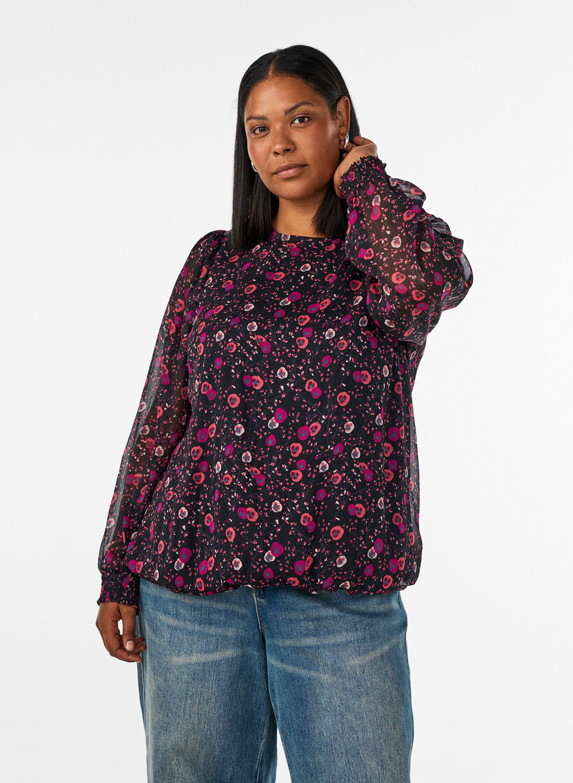 Blomstret chiffonbluse med transparente &aelig;rmer, Sort, Model image number 0