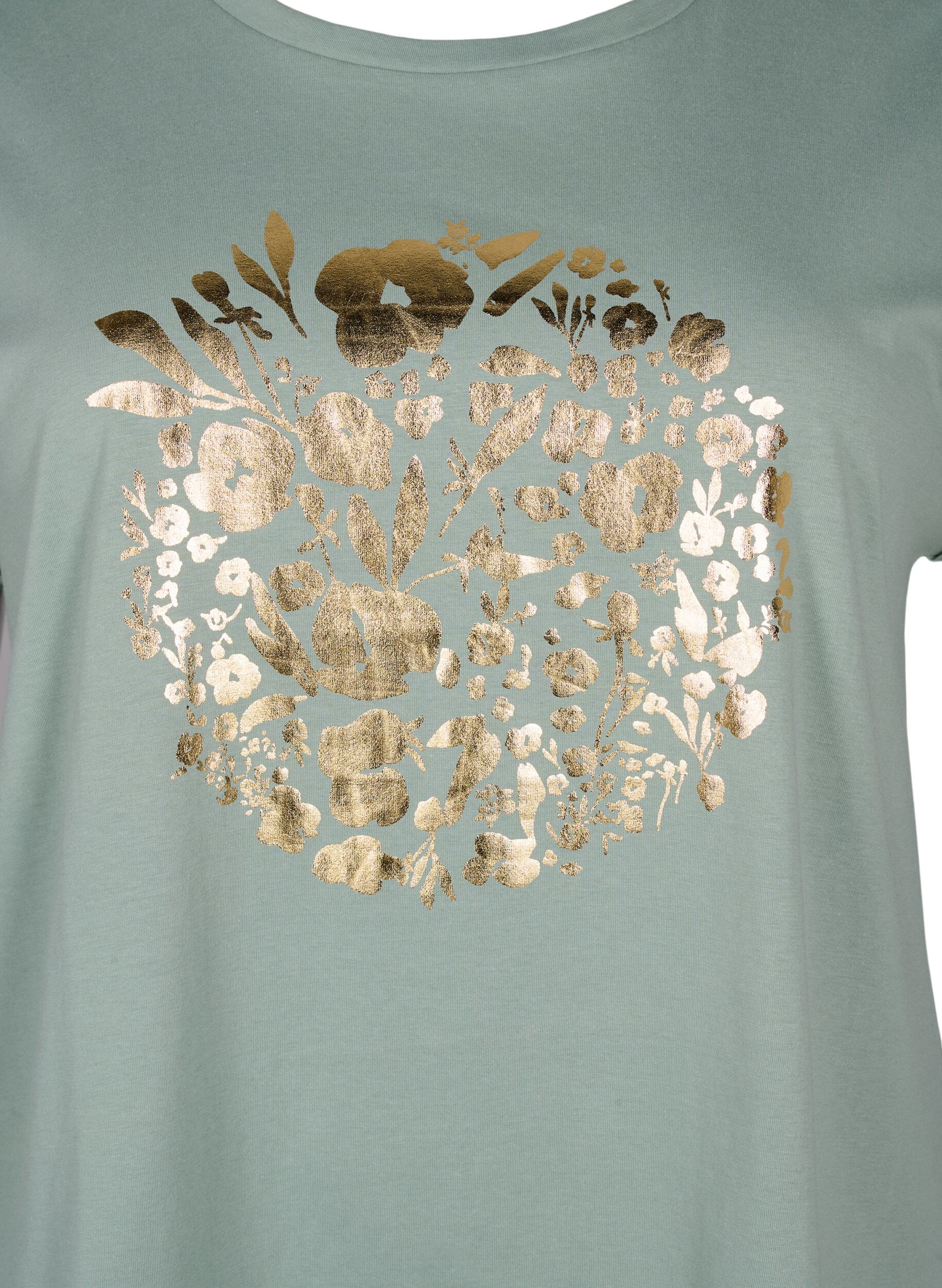 Zizzi T-shirt i &oslash;kologisk bomuld med guldtryk, Ch.Green Gold Flower, Packshot image number 2