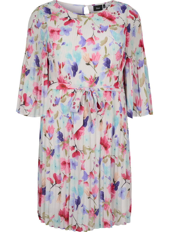 Printet plissékjole med bindebånd, White/MultiFlowerAOP, Packshot image number 0