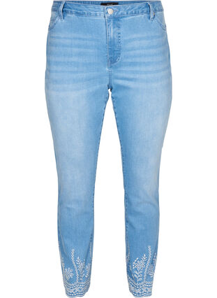 Cropped Emily jeans med broderi , Light blue denim, Packshot image number 0