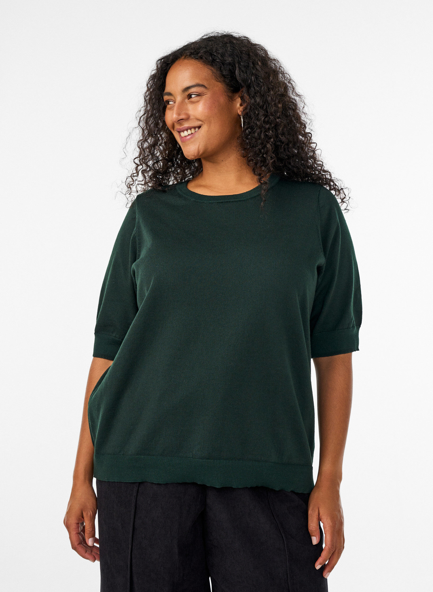 Finstrikket bluse med korte &aelig;rmer, Gr&oslash;n, Model