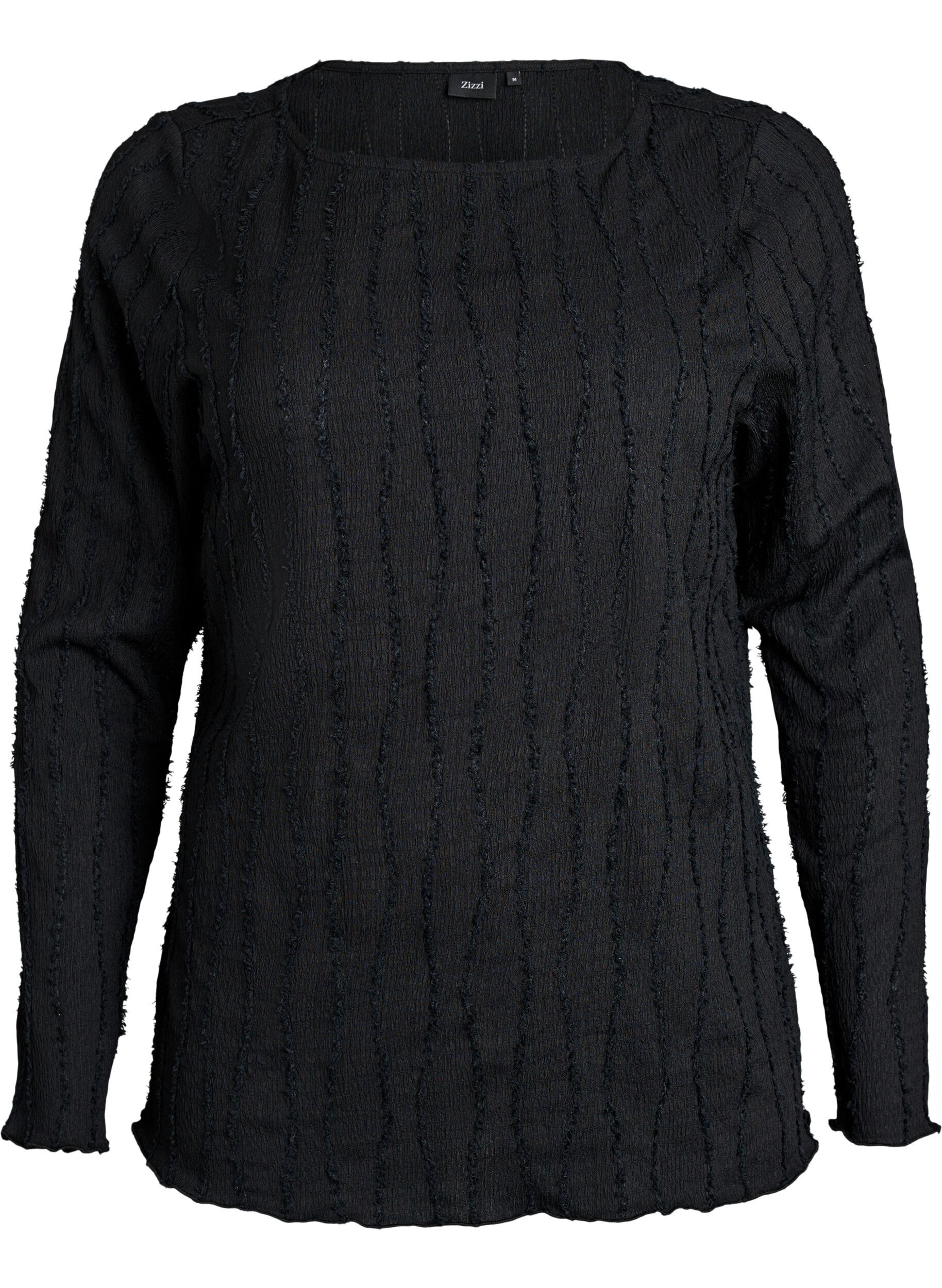 ZizziJerseybluse med b&oslash;lget struktur, Sort, Packshot image number 0