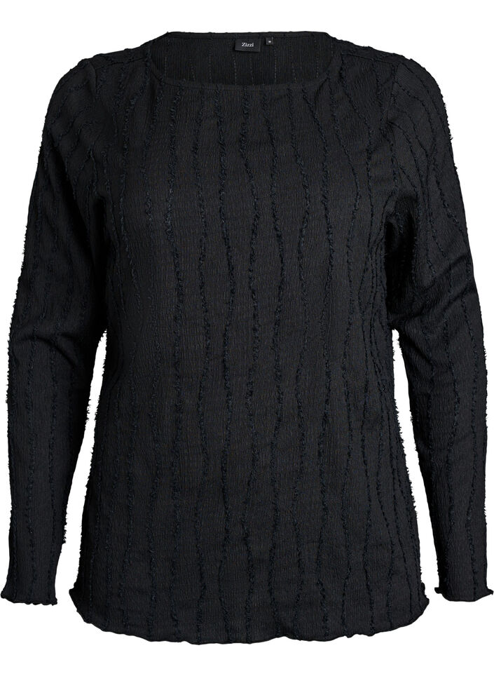 Jerseybluse med b&oslash;lget struktur, Sort, Packshot image number 0