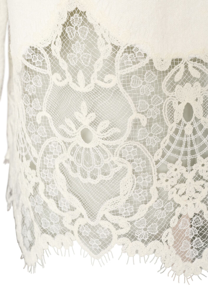 Strikbluse med raglan&aelig;rmer og bred blondekant, Beige, Packshot image number 4