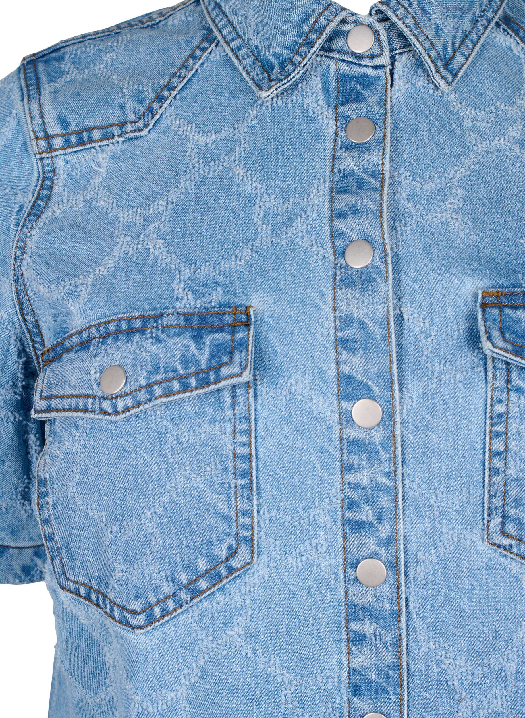 Zizzi Denimkjole med destroy m&oslash;nster og korte &aelig;rmer, Blue Denim, Packshot image number 2