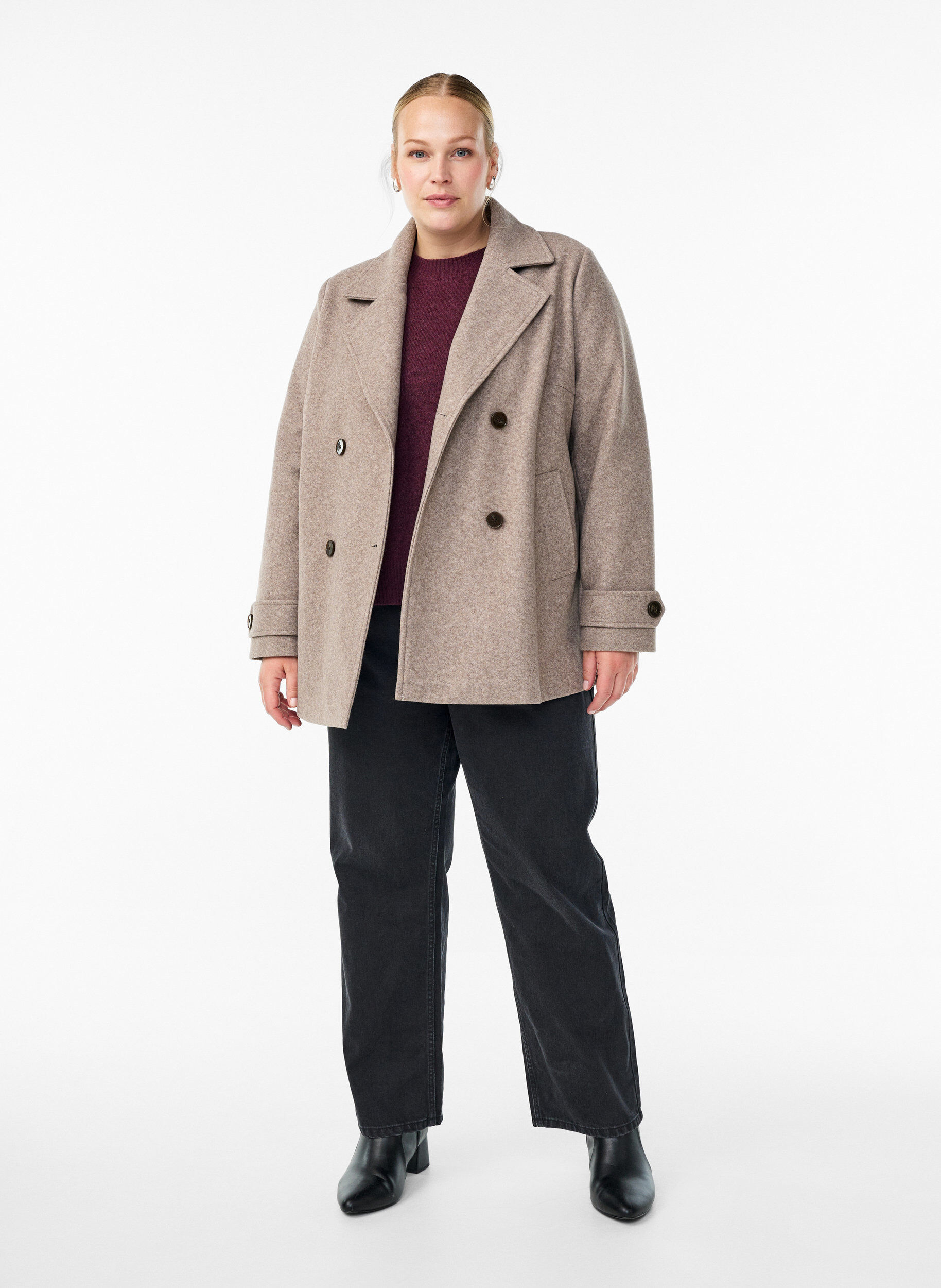 ZizziKort frakke med dobbeltradet knaplukning, Beige, Model image number 1