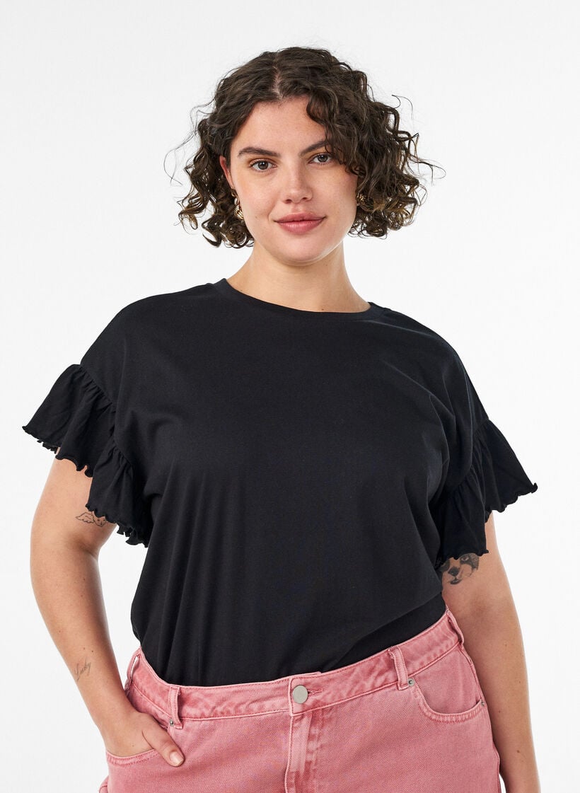 T-shirt i &oslash;kologisk bomuld med fl&aelig;se&aelig;rmer, Sort, Model image number 0